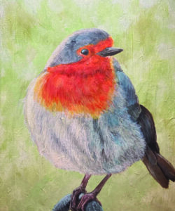 A little robin painted on a canvas in acrylic paint.