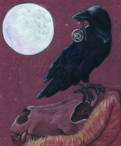 An illustration of a Raven on a wolf skull with the moon.