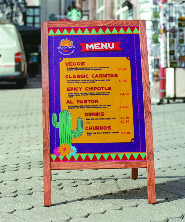 A picture of a sandwich board with a menu on it in a Mexican theme.