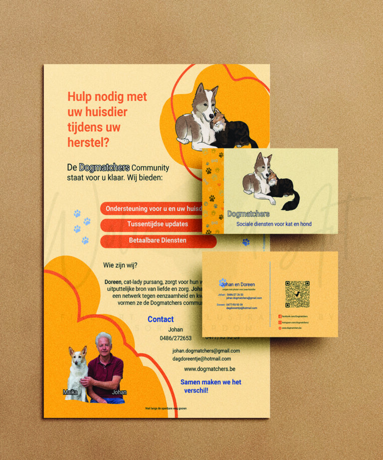 A picture of flyer and business card about a pet community.
